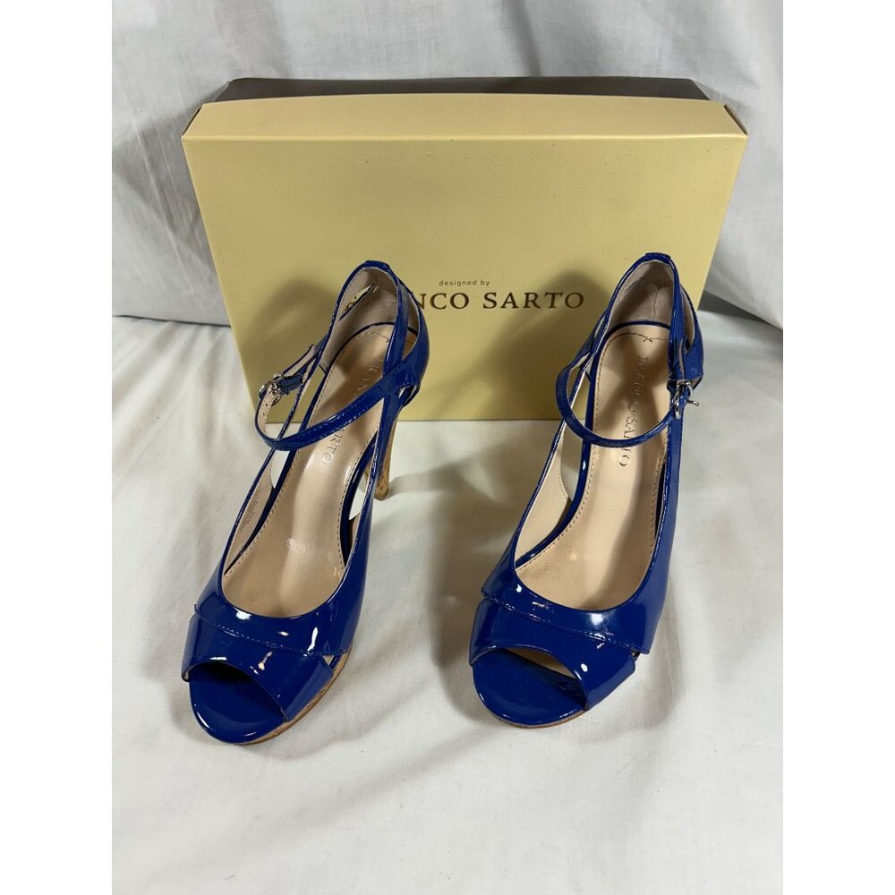 Franco Sarto Sulu Blue Patent Peep Toe Cork Heels Ankle Strap Shoes Women 8 - Picture 2 of 12